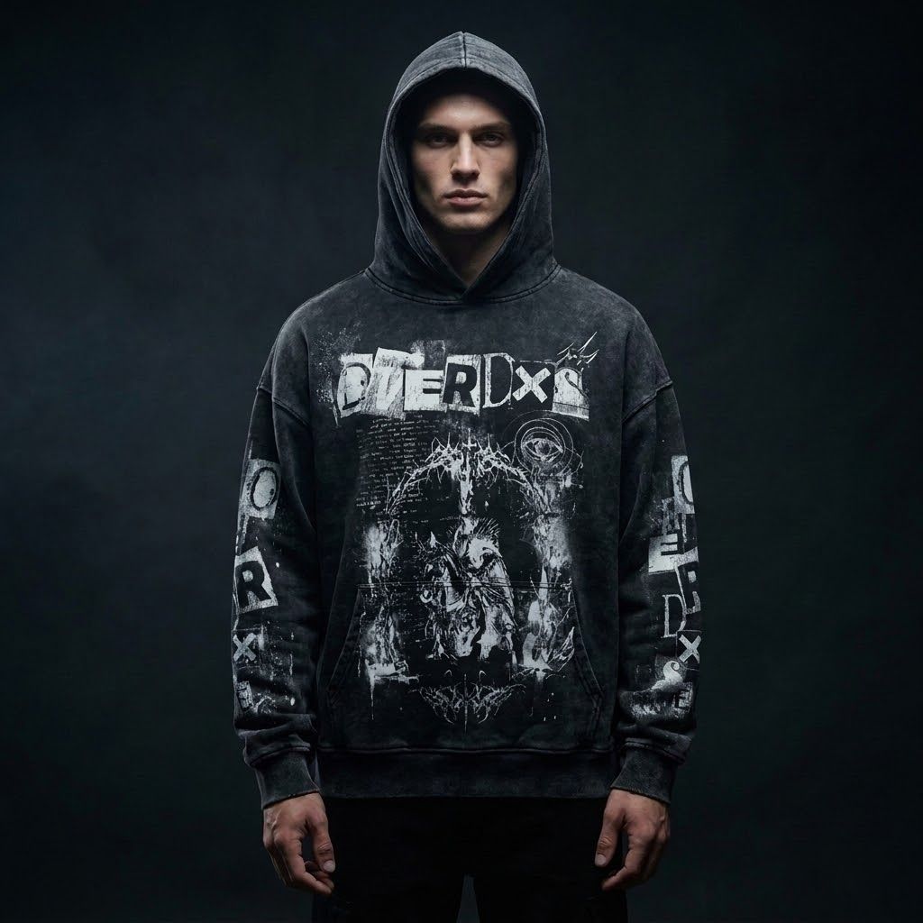 Custom Acid Wash Horned Hooded Sweatshirt