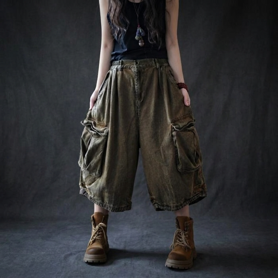Retro Grunge Baggy Cargo Denim Shorts