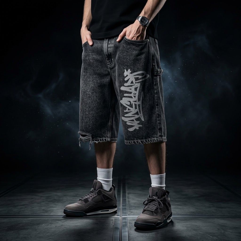 Acid Wash Graffiti Print Denim Jorts