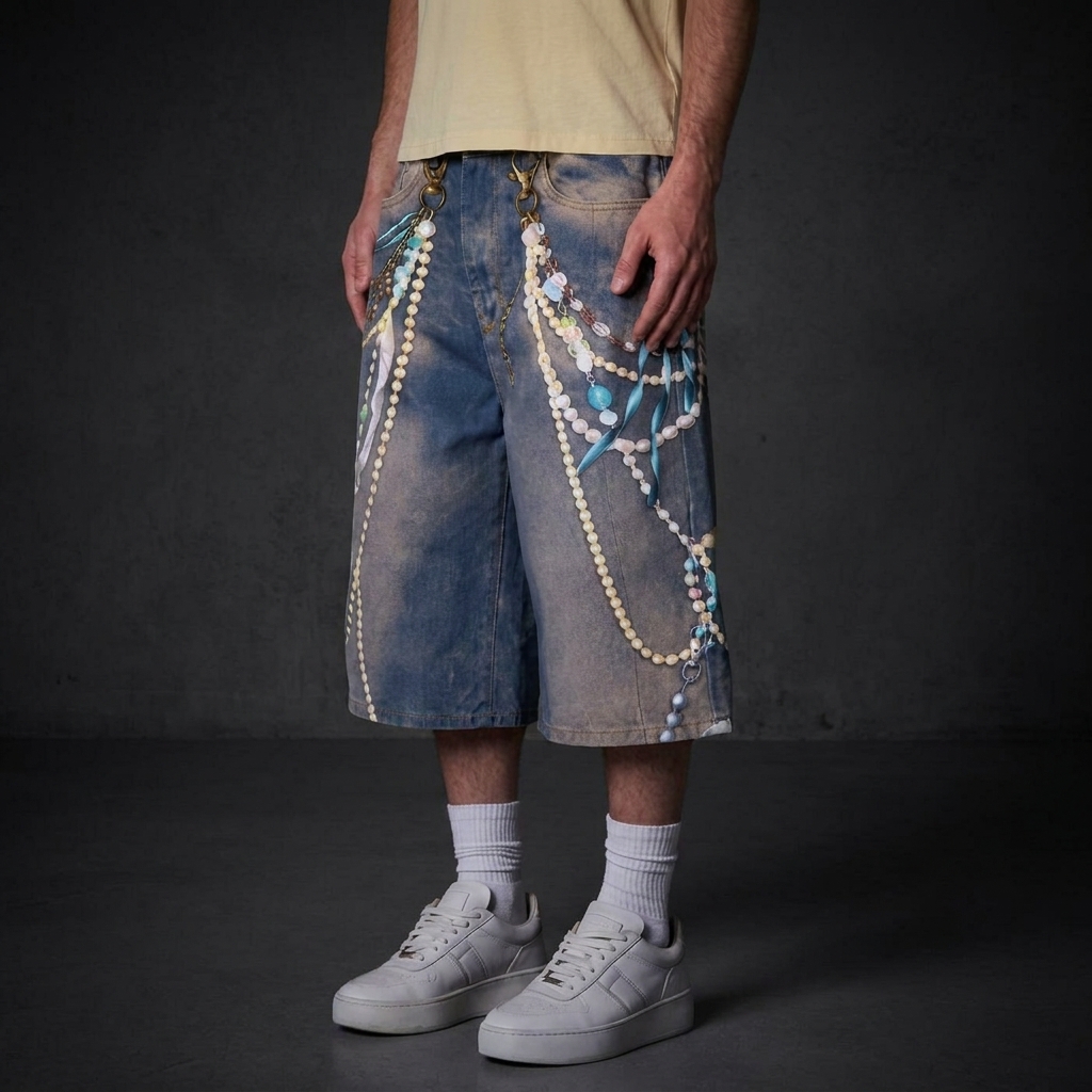 Pearl Chain Graphic Oversized Denim Shorts