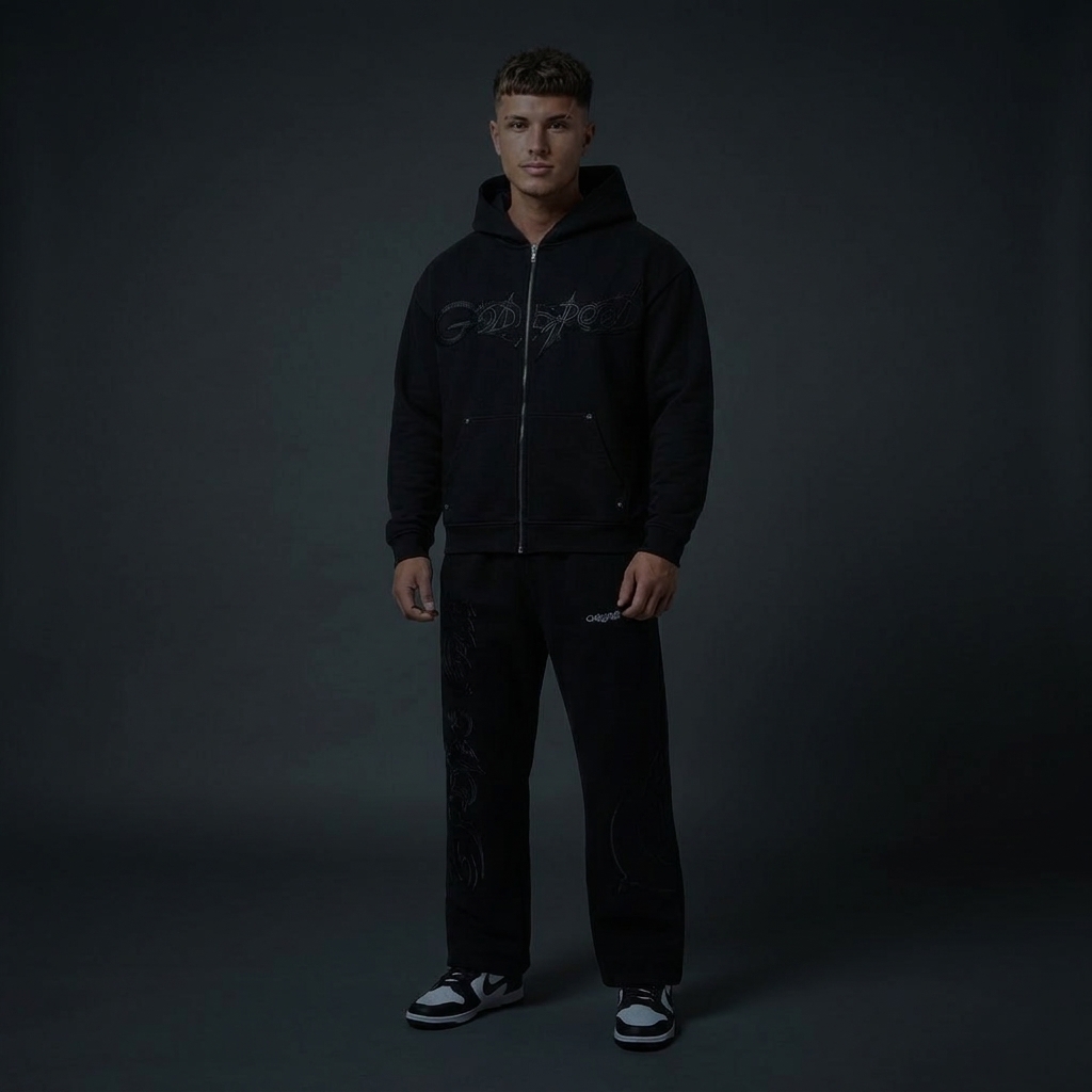 Black Full-Zip Hoodie and Jogger Tracksuit Set