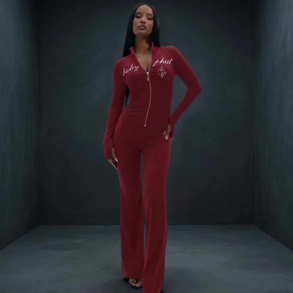 Ribbed Full-Zip Top and Flare Pant Set